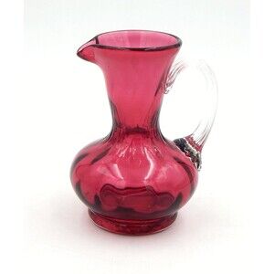 Pilgrim Handblown Cranberry Glass Pitcher 5 In Applied Handle Swirl Ribbed USA